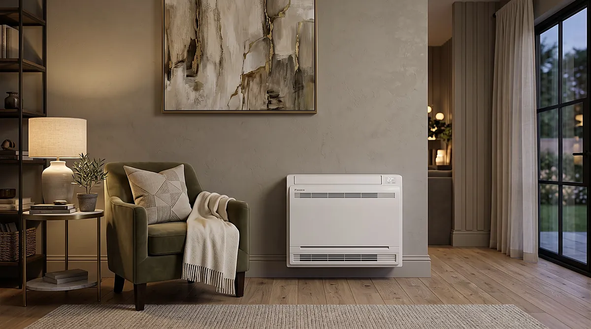 Floor-mounted low wall AC unit and under-ceiling climate console