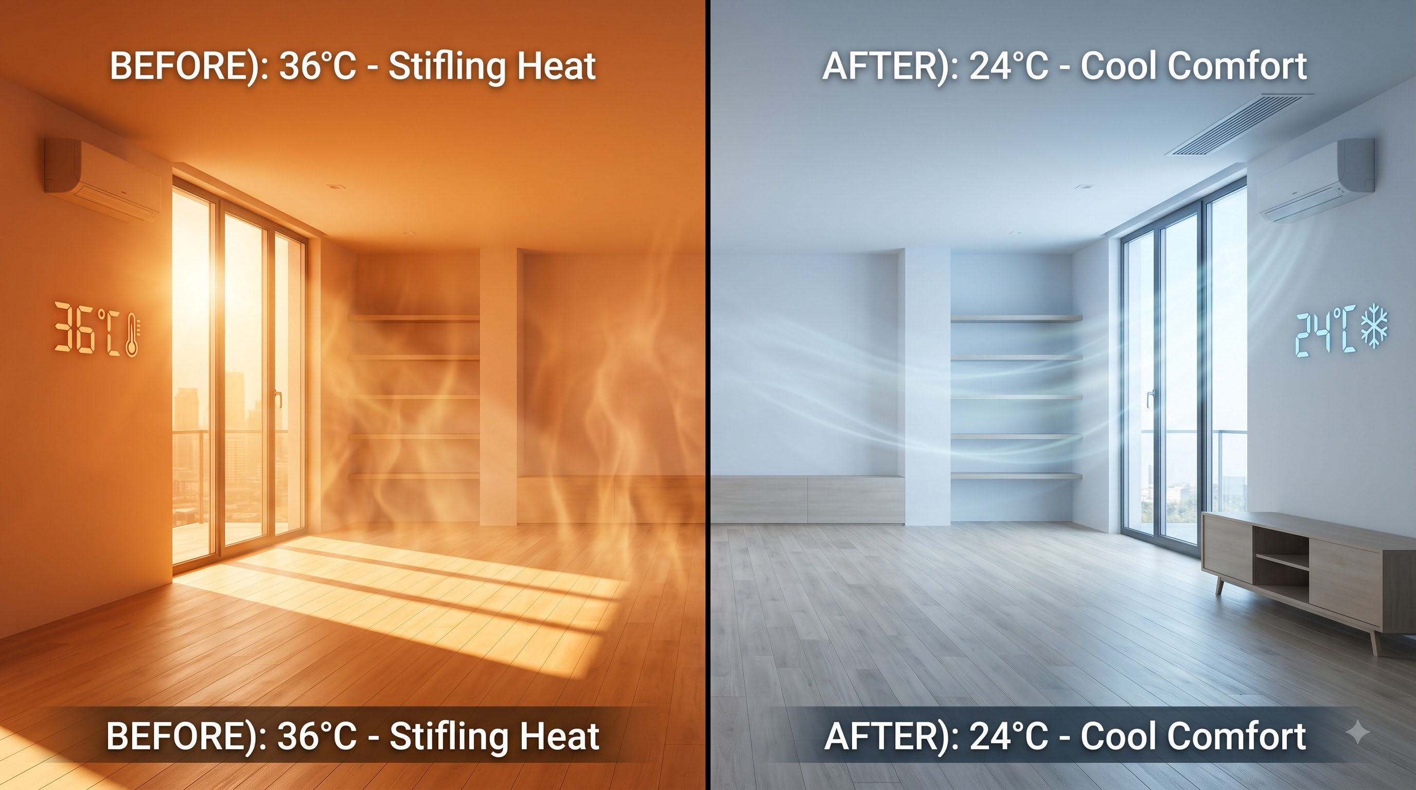 Living room temperature comparison: Before 36°C stifling heat vs After 24°C cool comfort